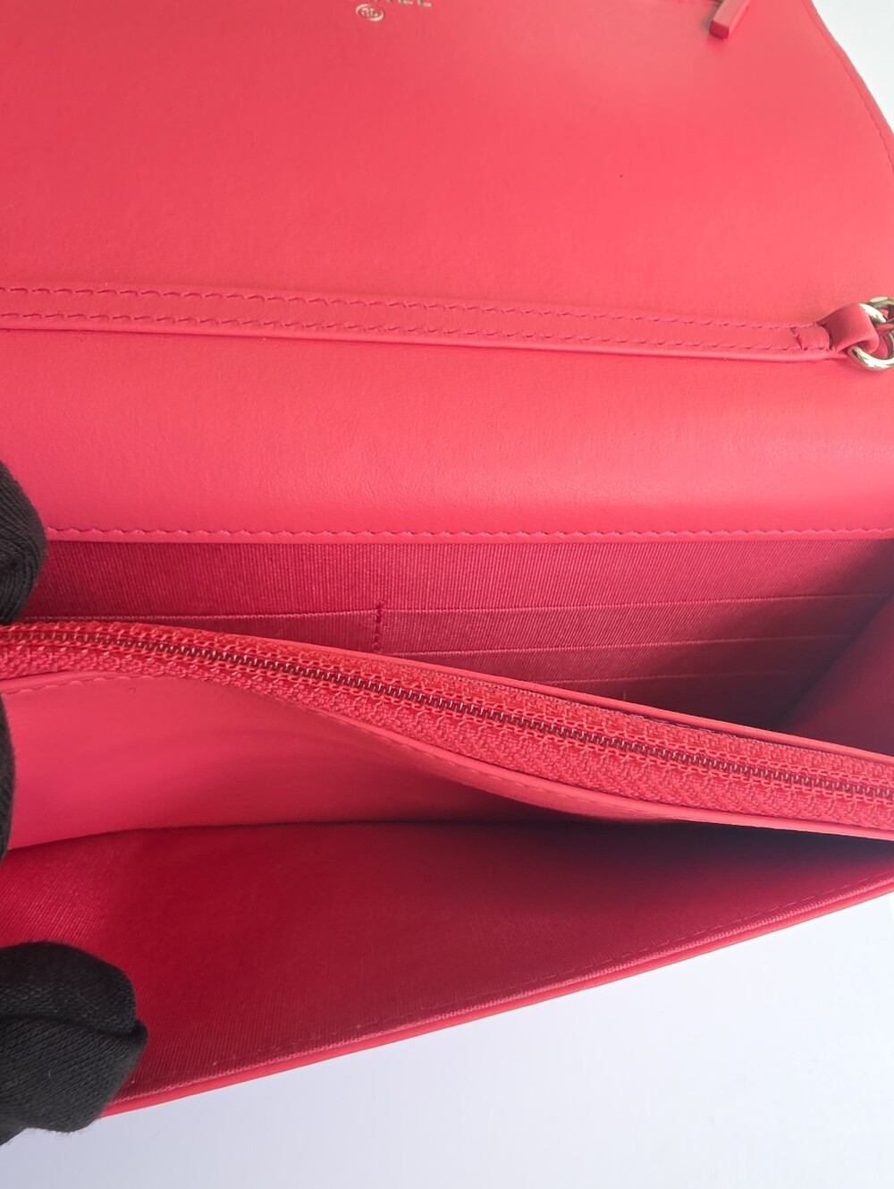CHANEL Coral Caviar Leather, Camellia-Embossed Mini Cross Body Wallet - Picture 11 of 12